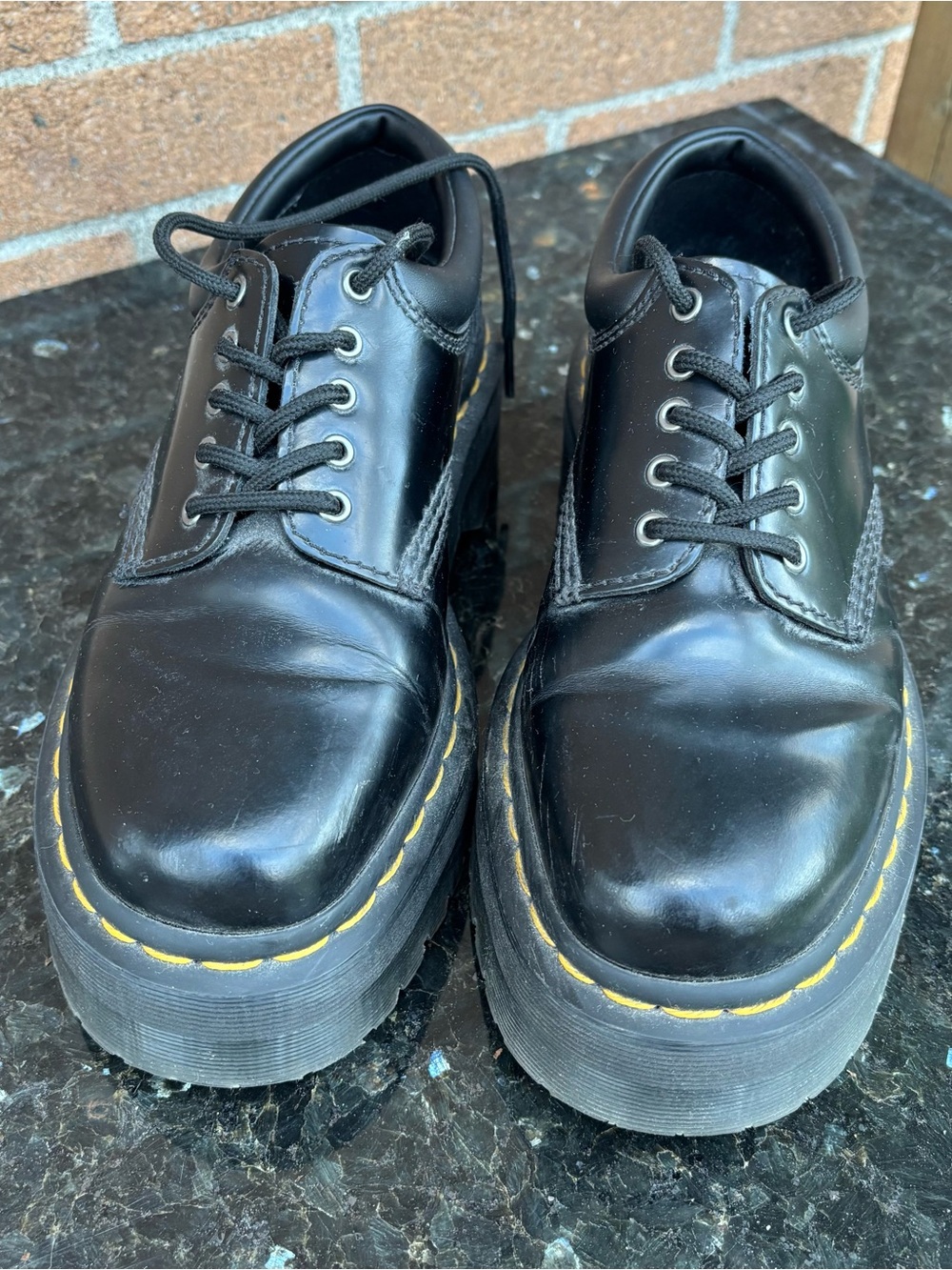 Dr. Martens Black Leather Lace-Up Platform Oxfords with Yellow Stitching - Picture 4 of 12